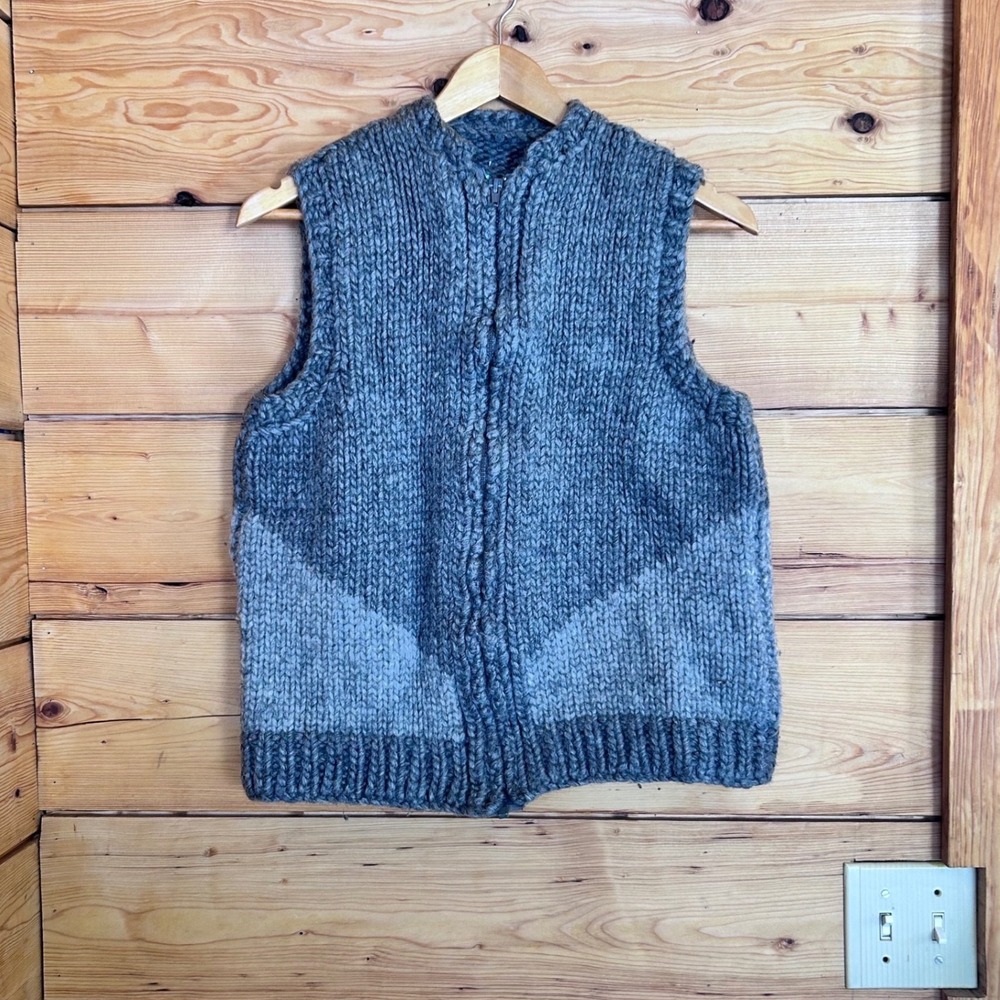 Vintage Wool Hand Knit Vest Large Slate Blue Cowichan Geometric Chunky Handmade